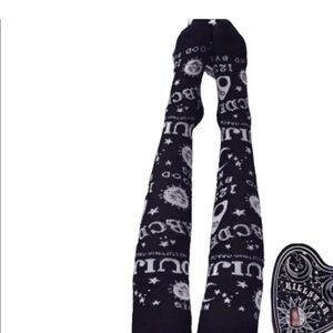 Black Graphic Ouija Print Thigh-High Socks
